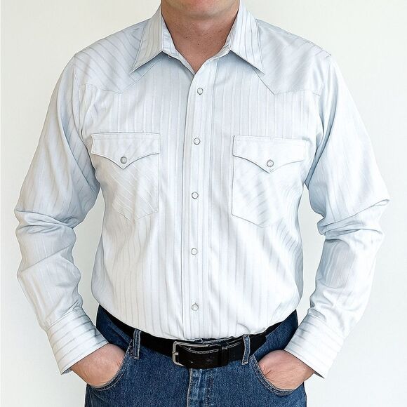 Wrangler Vintage pearl snap long sleeve western blue and silver shirt size Med - Picture 1 of 6